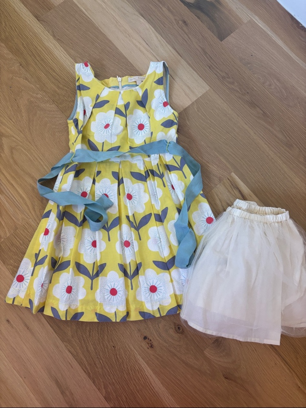 Mini Boden Yellow Floral Dress with Blue Sash and White Petticoat